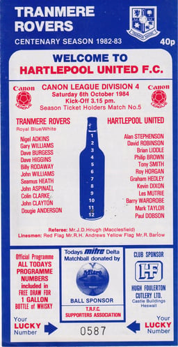 Tranmere Rovers v Hartlepool United Match Programme 1984-10-06